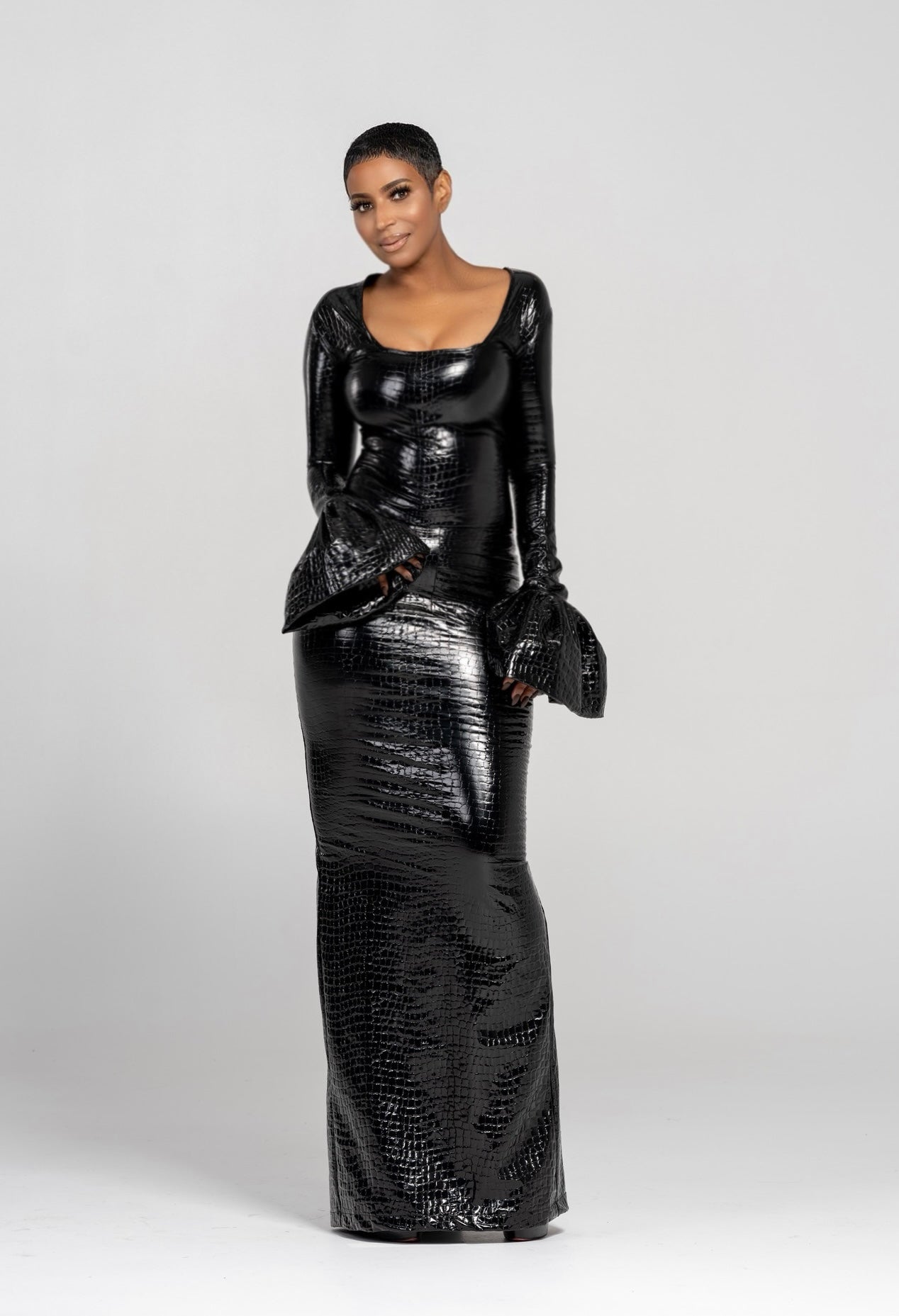 mila dress Black Gator Patent Ankle Mila Dress With Pleated Cuff – Michele Lopez