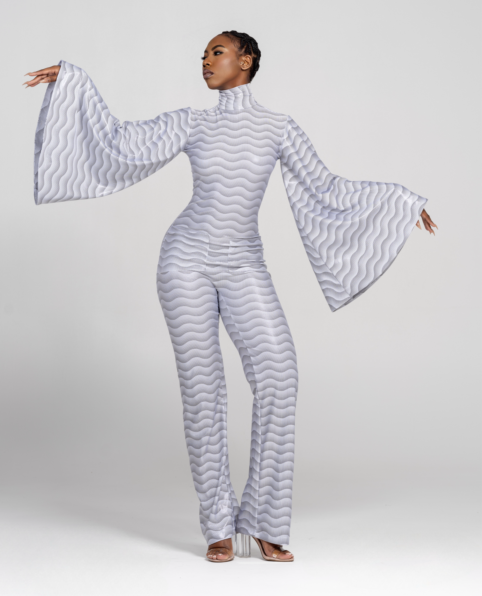Mila Wide Bell Sleeve Jumpsuit-Black/White Wave