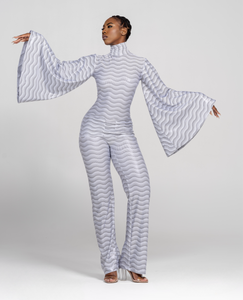 Mila Wide Bell Sleeve Jumpsuit-Black/White Wave