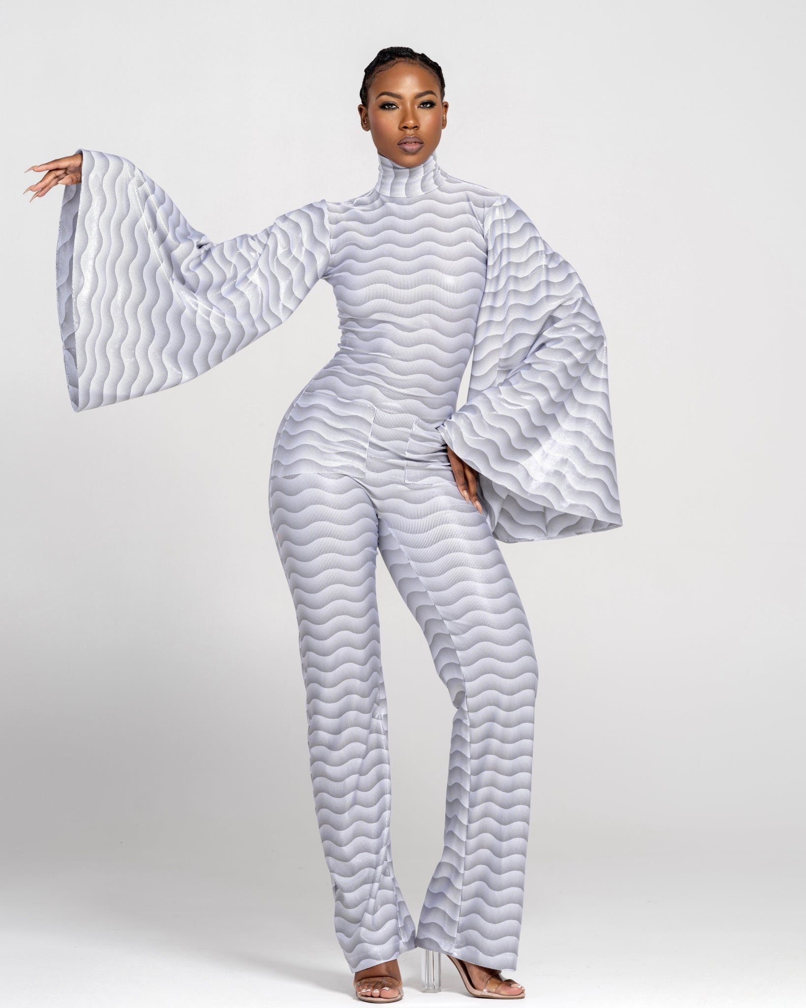 Mila Wide Bell Sleeve Jumpsuit-Black/White Wave