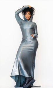 "Mila Gown"High Neck Fitted Bodycon Long Fishtail  W/Hood