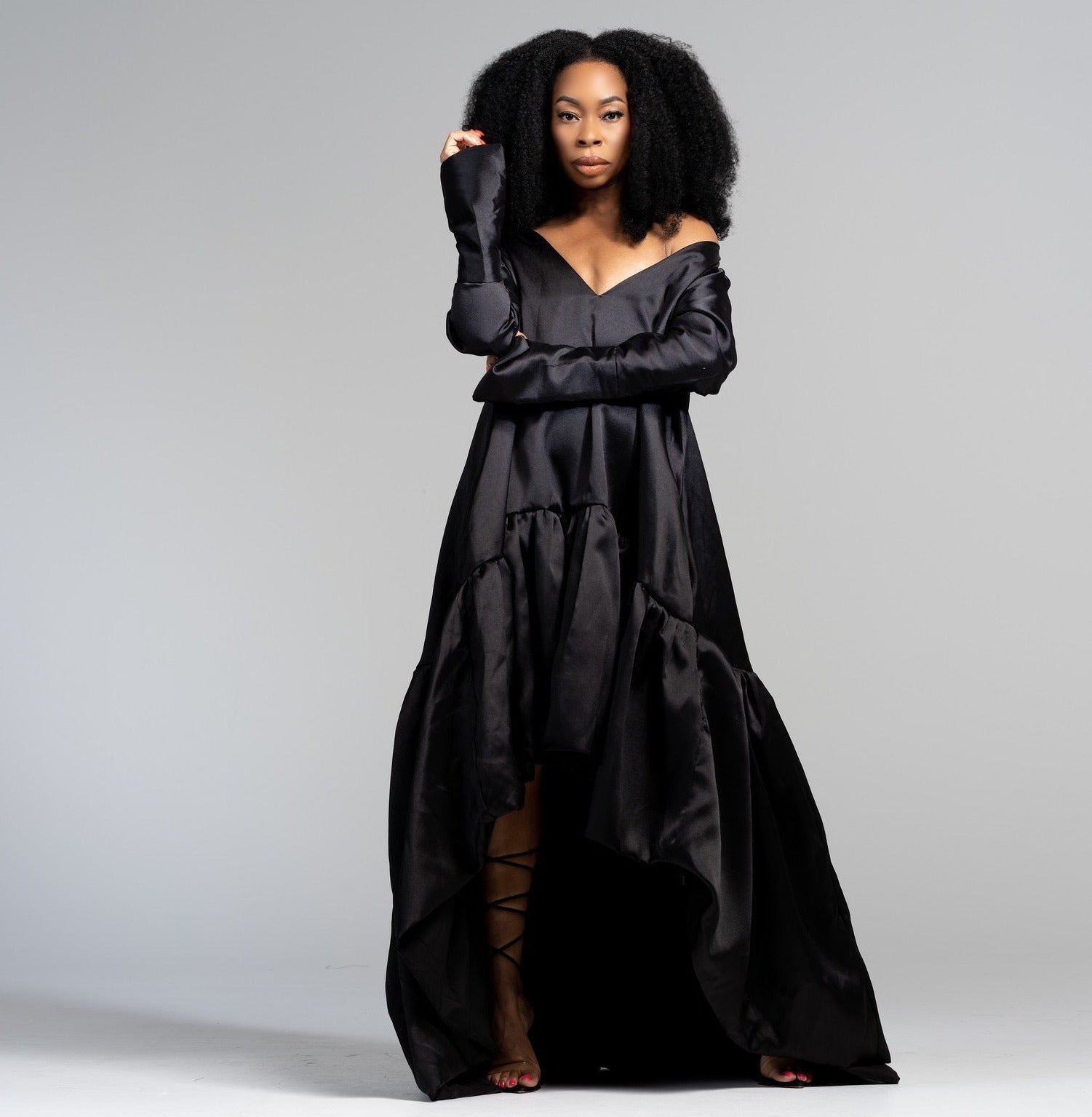 "Maria" Long Sleeve Duster Pleated Dress with Side Pockets