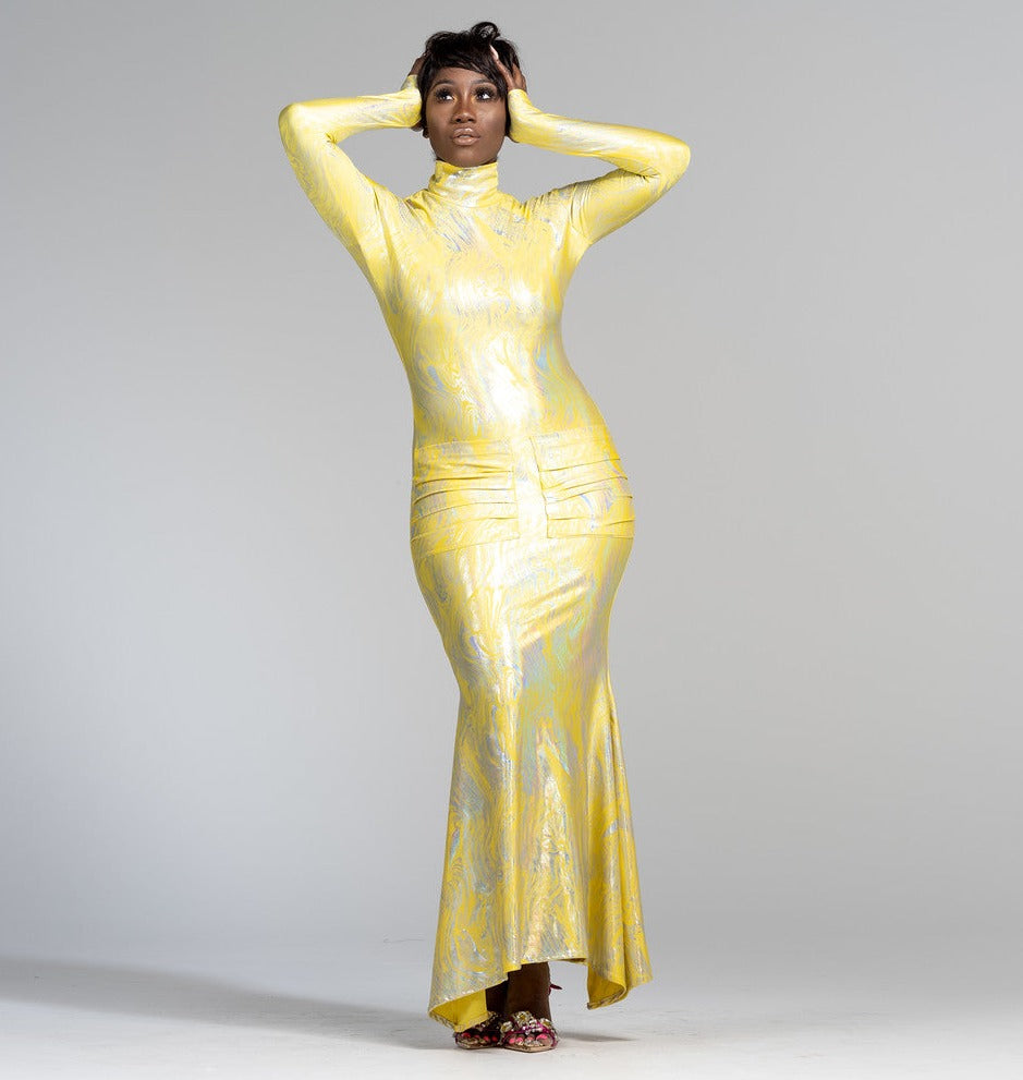 "Stephanie" High Neck Mermaid Midi Bodycon with Pockets